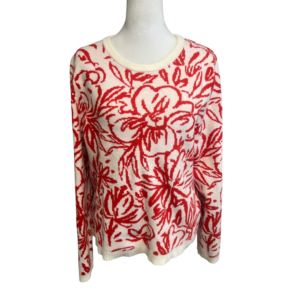 Tahari Sweater Womens XL Red Ivory Floral Crew Neck Long Sleeve Knit Top Sz XL
